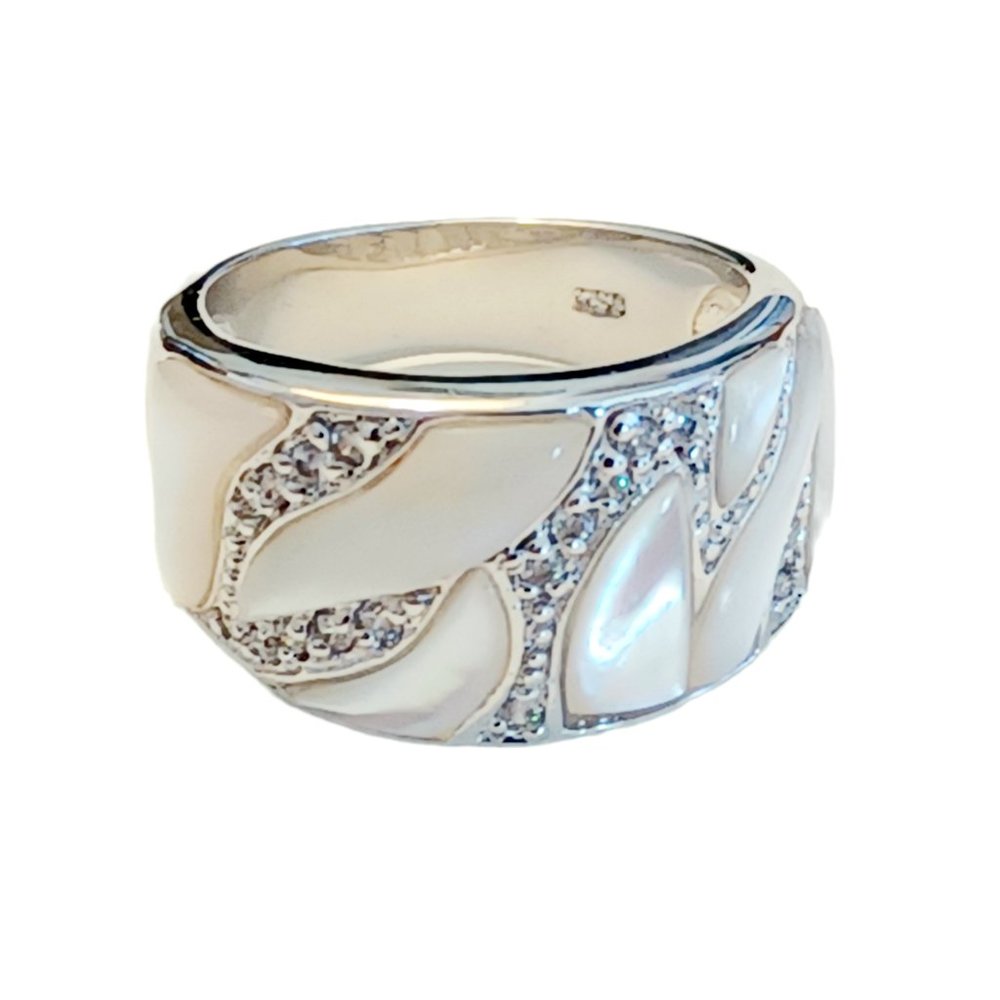 RS Covenant Size 8.5 Mother Of Pearl Clear CZ Crystals Silver Tone Ring
